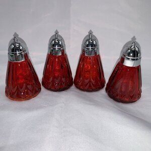 4 PC Mosser Glass #327 Red Nicole Set Salt & Pepper with Metal Tops Faint Glow